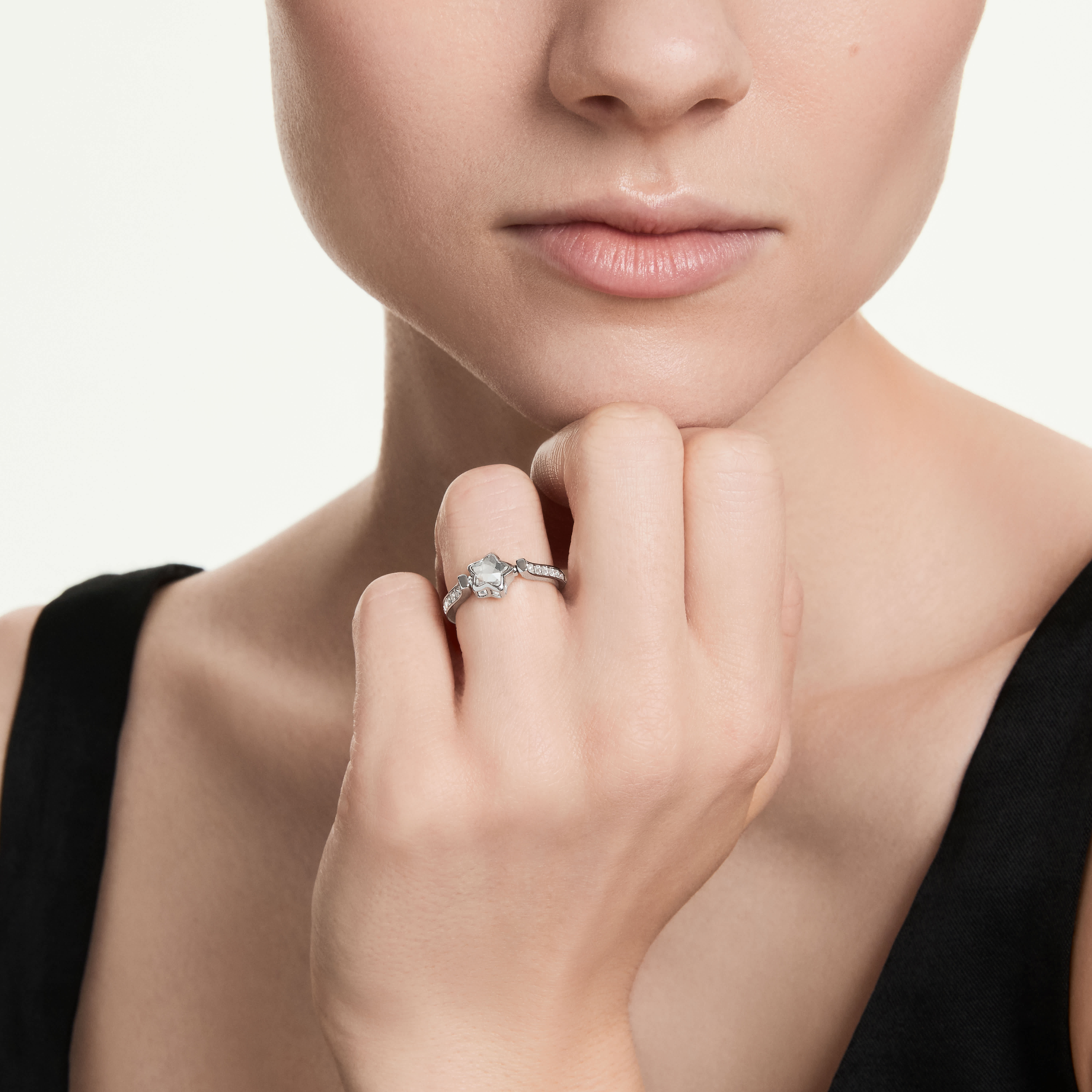Gredzens, Zvaigznes motīvs, Balts, Rodija pārklājums Chroma Swarovski 5