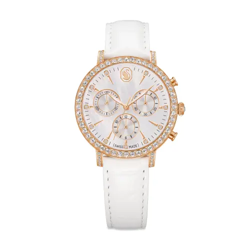 Часы-хронограф, Произведено в Швейцарии, Кожаный ремешок, Покрытие розовым золотом, Покрытие оттенка розового золота Matrix Swarovski
