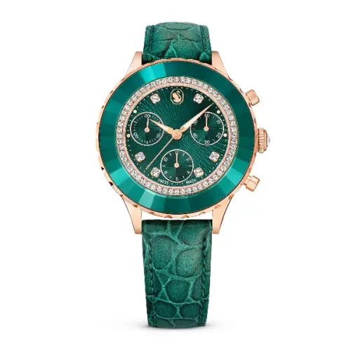 Watch, Swiss Made, Leather strap, Green, Rose gold-tone finish Octea Swarovski