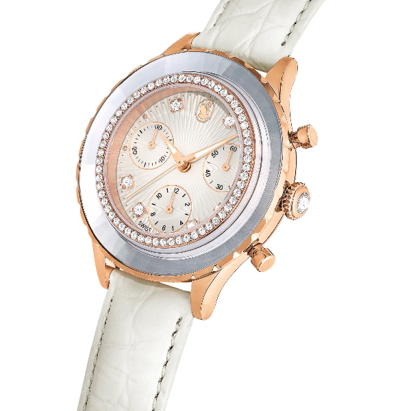 Pulkstenis, Ražots Šveicē, Ādas jostas, Balts, Rozā zelta toņa pārklājums Octea Swarovski 3