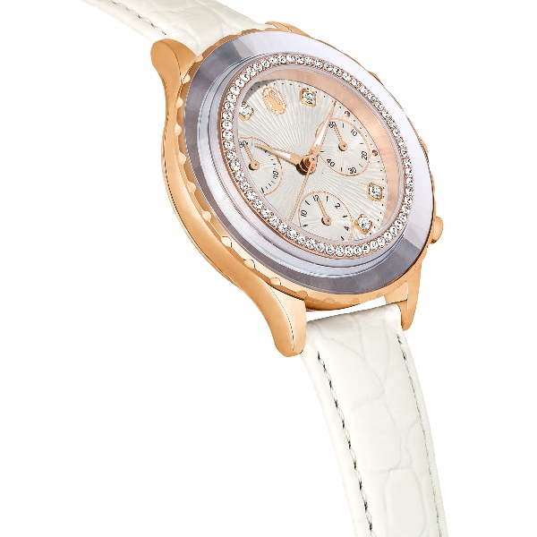 Pulkstenis, Ražots Šveicē, Ādas jostas, Balts, Rozā zelta toņa pārklājums Octea Swarovski 4