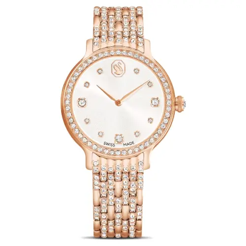 Pulkstenis, Swiss Made, Metāliska rokasprādze, Rozā zelta toņa, Rozā zelta toņa pārklājums Imber Swarovski