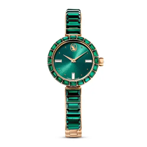 Bangle watch, Swiss Made, Crystal bracelet, Green, Champagne gold-tone finish Matrix Swarovski