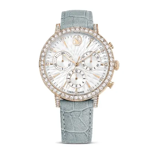Watch, Swiss Made, Leather strap, Gray, Champagne gold-tone finish Matrix Swarovski