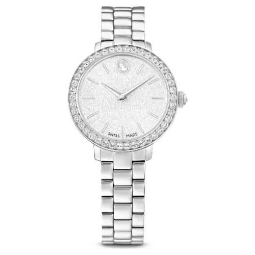 3-link watch, Swiss Made, Metal bracelet, Silver tone, Stainless steel Matrix Swarovski
