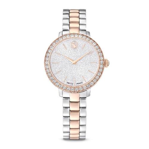 3-link watch, Swiss Made, Metal bracelet, Silver tone, Rose gold-tone finish Matrix Swarovski