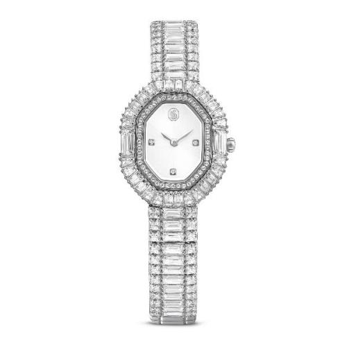 Watch, Baguette cut, Metal bracelet, Silver tone, Stainless steel Matrix Swarovski