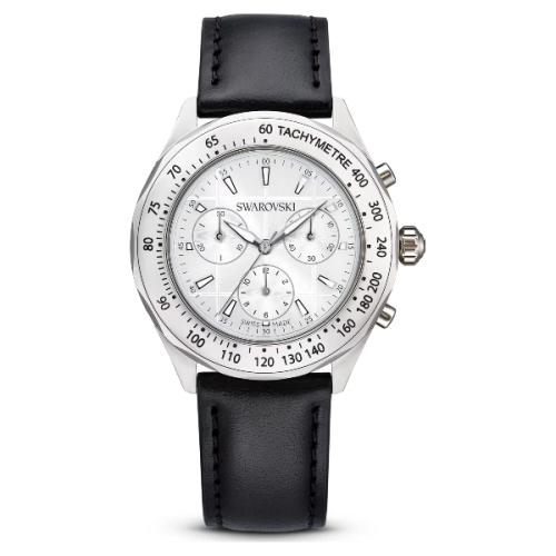 Tachymetre Pulkstenis, Ražots Šveicē, Ādas siksniņa, Sudraba toņa, Nerūsējošs tērauds Dextera Swarovski