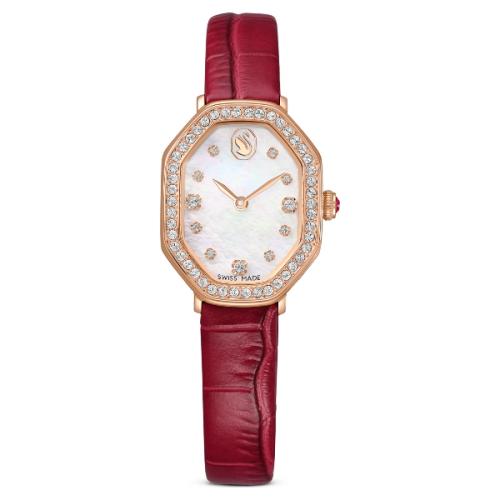 Watch, Swiss Made, Leather strap, Red, Rose gold-tone finish Dextera Swarovski