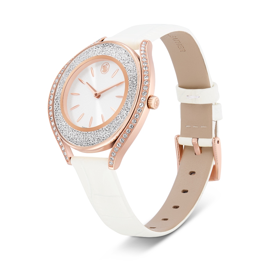 Watch, Swiss Made, Leather strap, White, Rose gold-tone finish Crystalline Swarovski 2