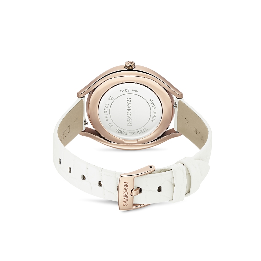 Watch, Swiss Made, Leather strap, White, Rose gold-tone finish Crystalline Swarovski 3