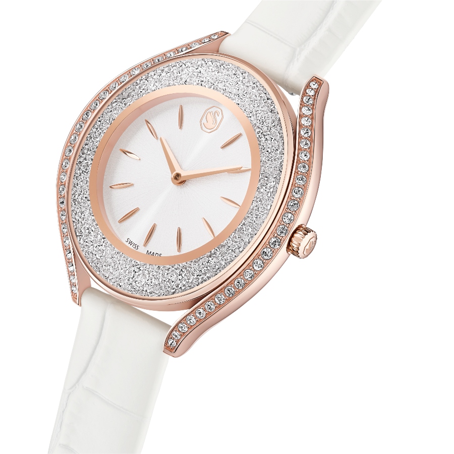 Watch, Swiss Made, Leather strap, White, Rose gold-tone finish Crystalline Swarovski 4