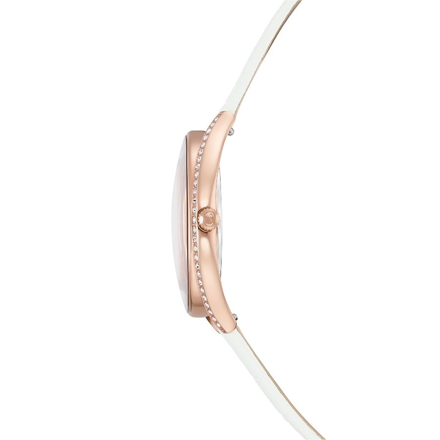 Watch, Swiss Made, Leather strap, White, Rose gold-tone finish Crystalline Swarovski 5
