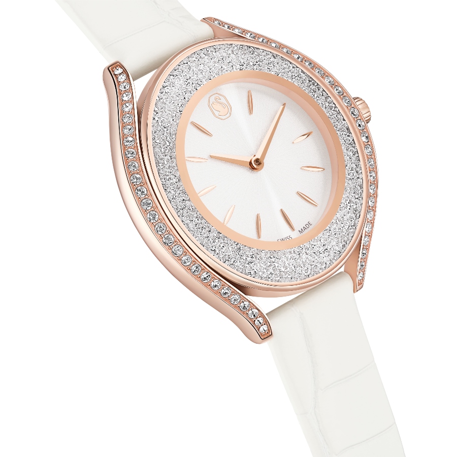 Watch, Swiss Made, Leather strap, White, Rose gold-tone finish Crystalline Swarovski 6