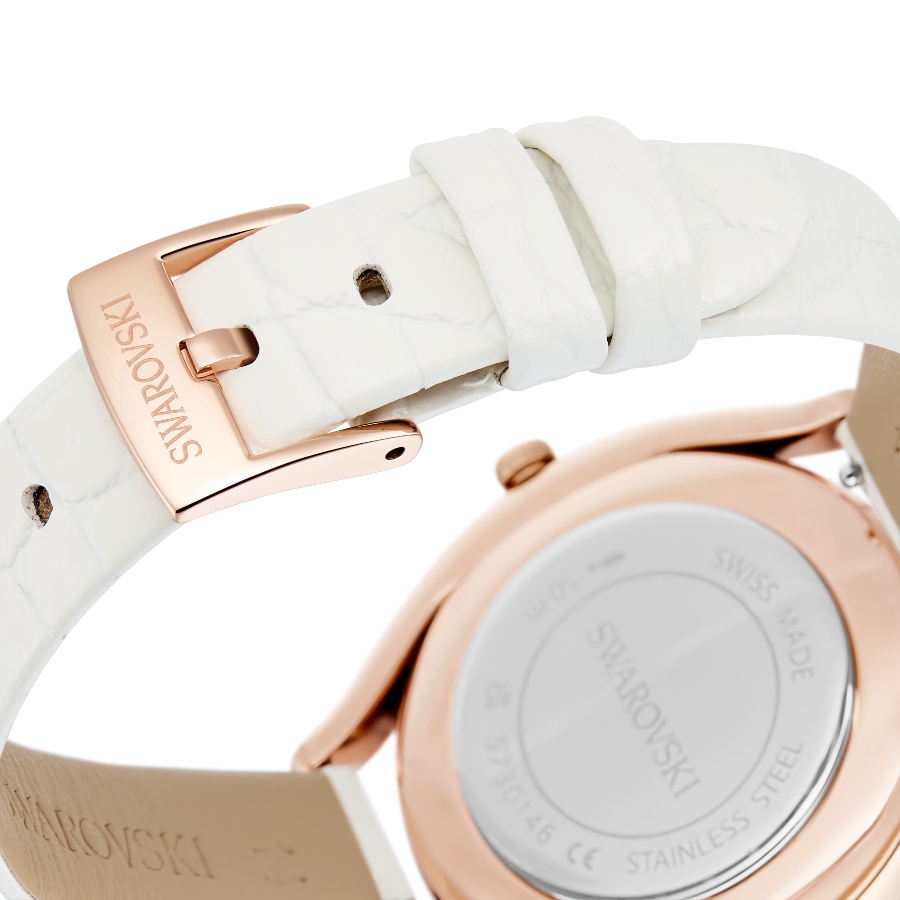 Watch, Swiss Made, Leather strap, White, Rose gold-tone finish Crystalline Swarovski 7