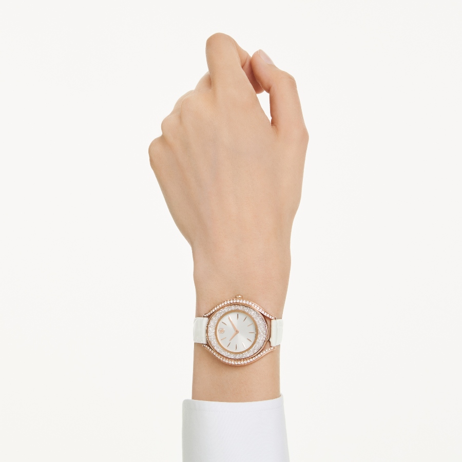 Watch, Swiss Made, Leather strap, White, Rose gold-tone finish Crystalline Swarovski 8