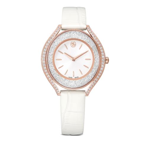 Watch, Swiss Made, Leather strap, White, Rose gold-tone finish Crystalline Swarovski