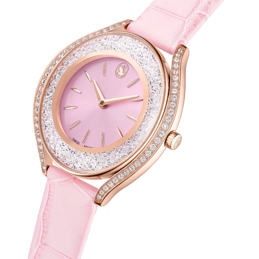 Watch, Swiss Made, Leather strap, Pink, Rose gold-tone finish Crystalline Swarovski 4
