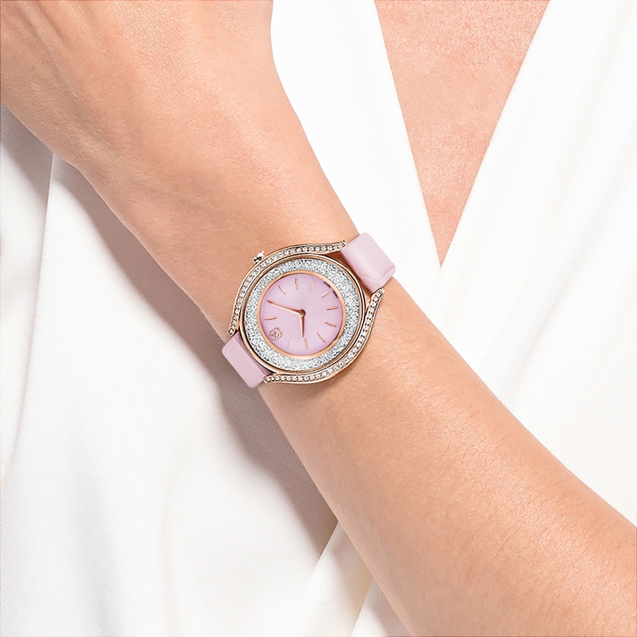 Watch, Swiss Made, Leather strap, Pink, Rose gold-tone finish Crystalline Swarovski 8