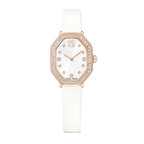 Watch, Swiss Made, Leather strap, White, Rose gold-tone finish Dextera Swarovski