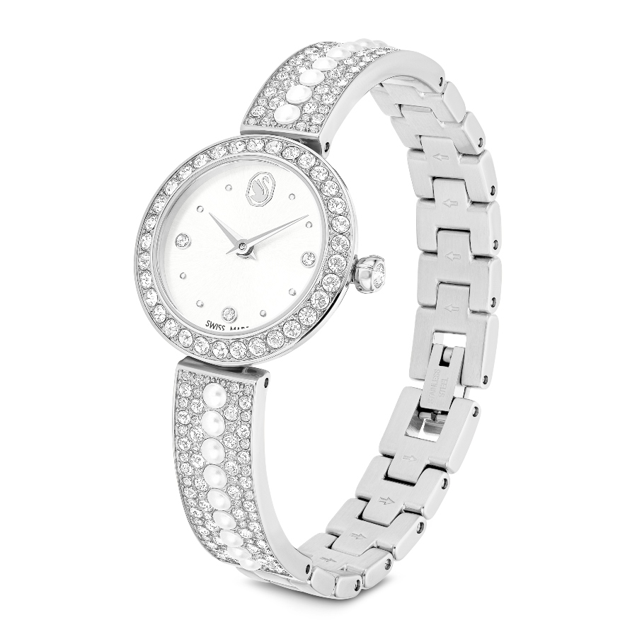 Bangle watch, Swiss Made, Crystal bracelet, White, Stainless steel Matrix Swarovski 2