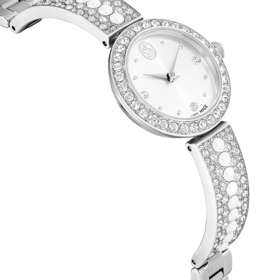 Bangle watch, Swiss Made, Crystal bracelet, White, Stainless steel Matrix Swarovski 6