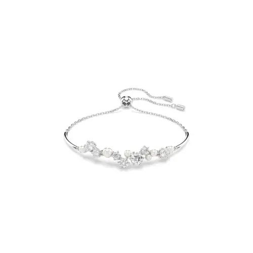 Bangle, Crystal pearl, Round cuts, White, Rhodium plated