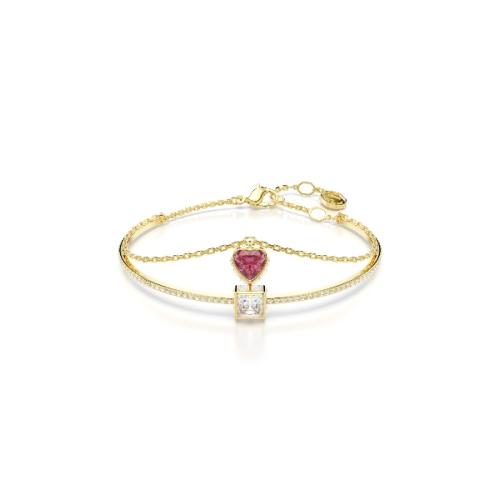 Bangle, Heart, Red, Gold-tone plated