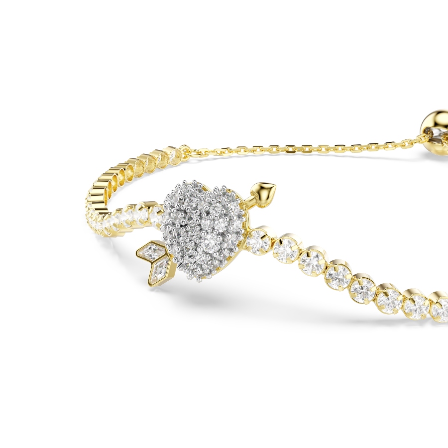 Bracelet, Mixed cuts, Heart with arrow, White, Gold-tone plated Idyllia Swarovski 4