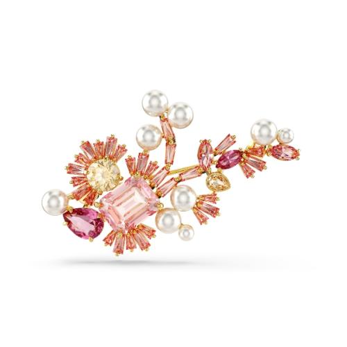 Brooch, Mixed cuts, Flower, Pink, Gold-tone plated Gema Swarovski