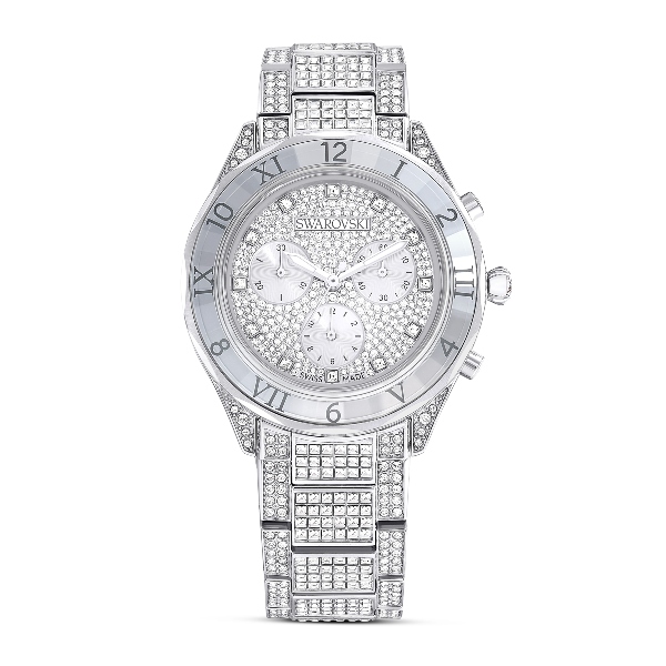 Pulkstenis, Ražots Šveicē, Metāla rokassprādze, Sudraba toņa, Nerūsējošs tērauds Swarovski