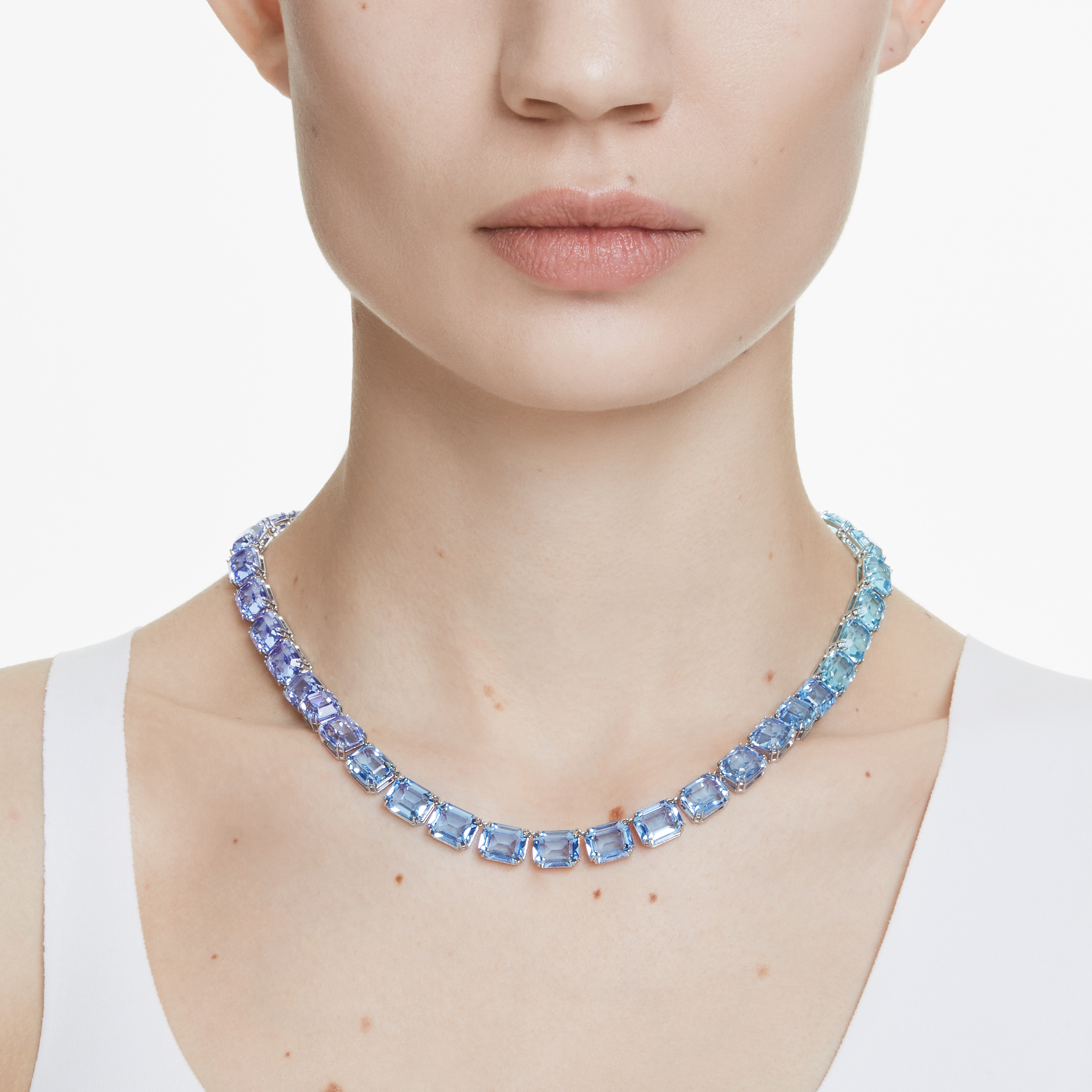 Necklace, Octagon cut, Color gradient, Blue, Rhodium plated Millenia Swarovski 5