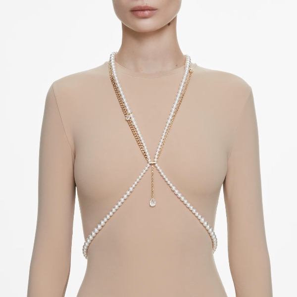Ķēdīte ķermenim, Pērļu griezuma kristāli, Balts, Zelta toņa pārklājums Swarovski 5