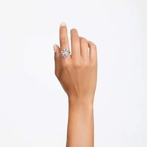 Cocktail ring, Bow, Small, White, Rhodium plated Volta Swarovski