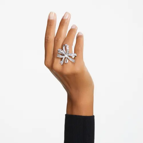 Коктейльное кольцо, Бант, Большое, Белый, Родиевое покрытие Volta Swarovski
