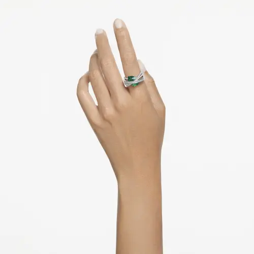 Cocktail ring, Carbon neutral zirconia, Mixed cuts, Four bands, Green, Rhodium plated HYPERBOLA SPIN Swarovski