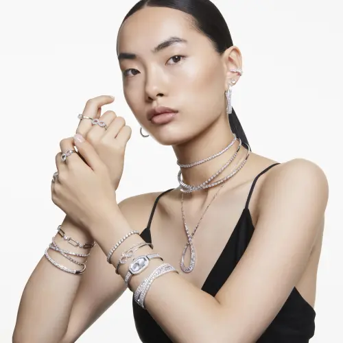 Cuff, Infinity, White, Rhodium plated HYPERBOLA INFINITY Swarovski