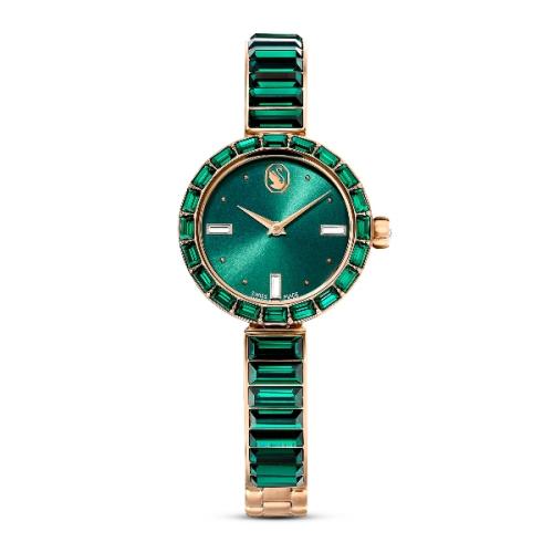 Bangle watch, Swiss Made, Crystal bracelet, Green, Champagne gold-tone finish Matrix Swarovski