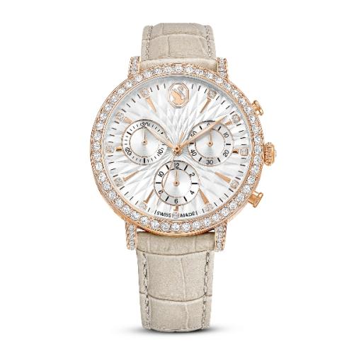 Watch, Swiss Made, Leather strap, Beige, Rose gold-tone finish Matrix Swarovski
