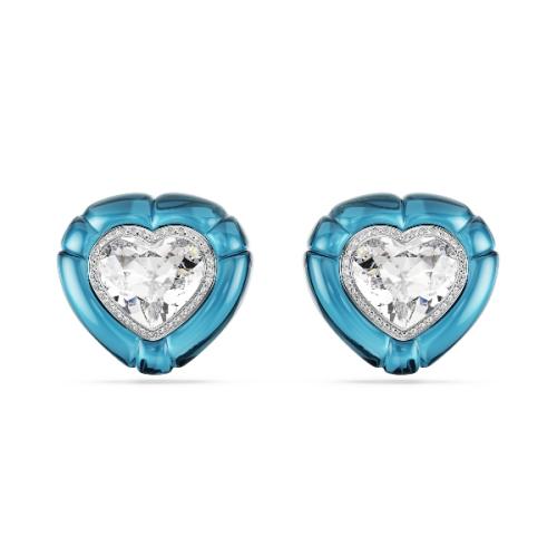 Clip earrings, Heart cut, Pavé, Heart, Blue, Rhodium plated Dulcis Swarovski