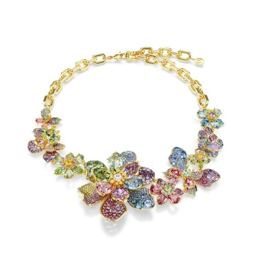 Necklace, Mixed cuts, Pavé, Flower, Multicolored, Gold-tone plated Idyllia Swarovski