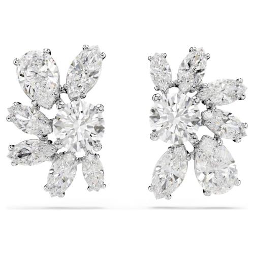 Stud earrings, Mixed cuts, Flower, White, Rhodium plated Geometries Swarovski